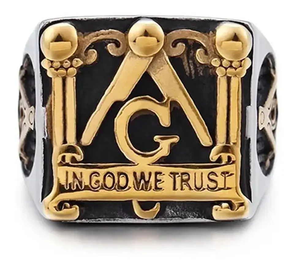 Anillo en Acero para hombre símbolo escuadra Mason Masoneria bicolor 2