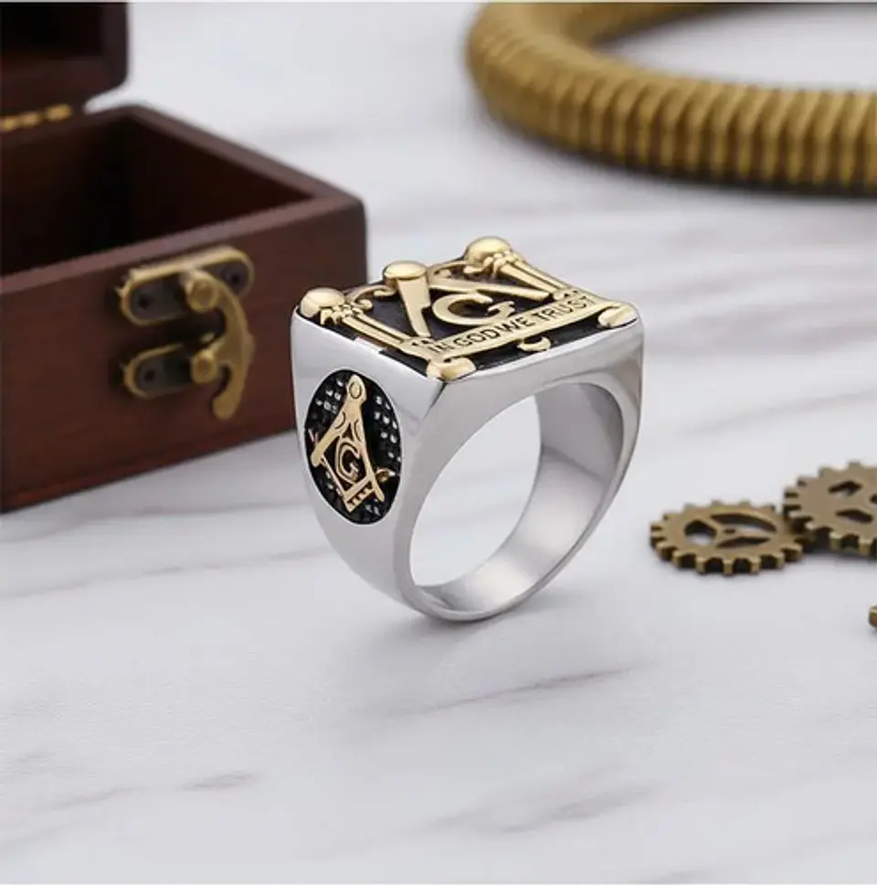 Anillo en Acero para hombre símbolo escuadra Mason Masoneria bicolor 3