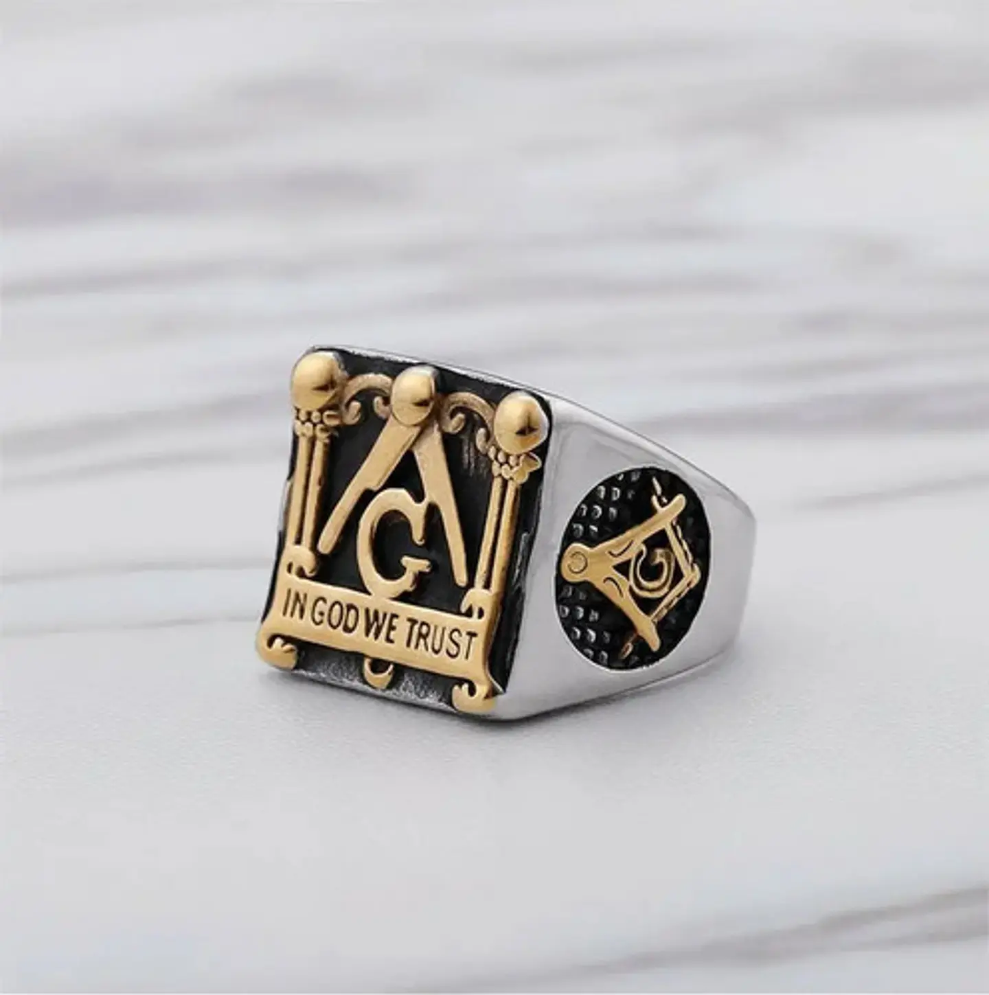 Anillo en Acero para hombre símbolo escuadra Mason Masoneria bicolor 5