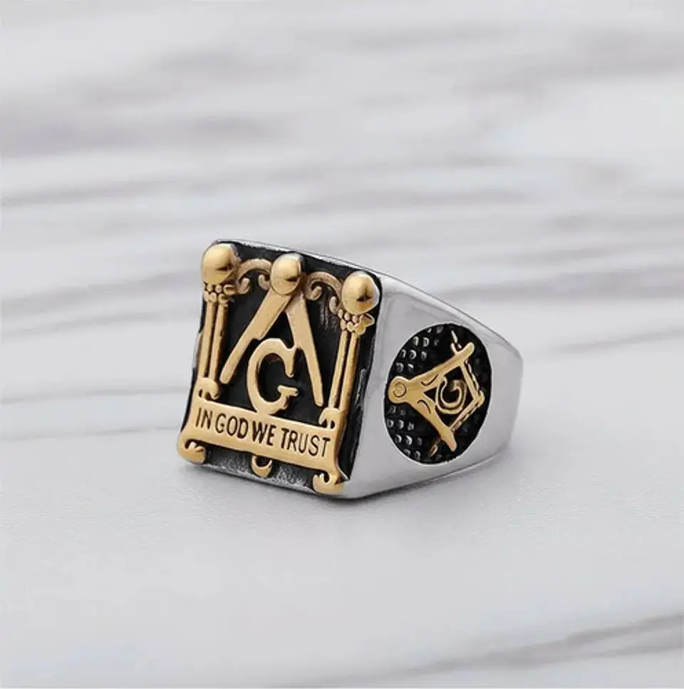 Anillo en Acero para hombre símbolo escuadra Mason Masoneria bicolor 5