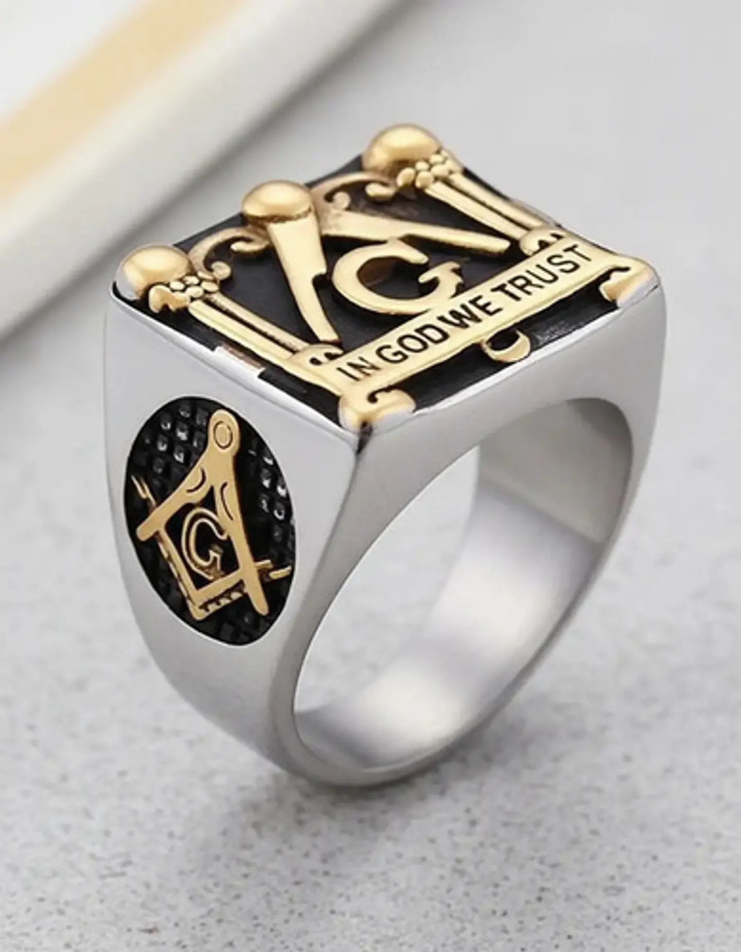 Anillo en Acero para hombre símbolo escuadra Mason Masoneria bicolor 6