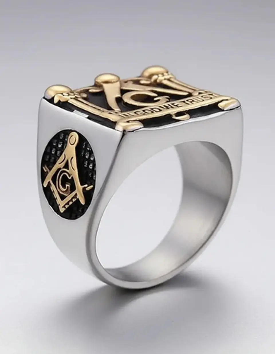 Anillo en Acero para hombre símbolo escuadra Mason Masoneria bicolor 8