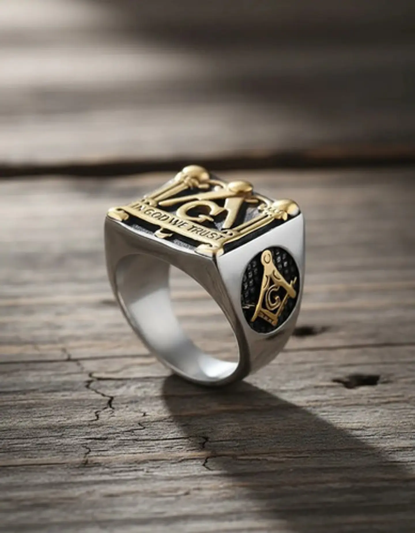 Anillo en Acero para hombre símbolo escuadra Mason Masoneria bicolor 9