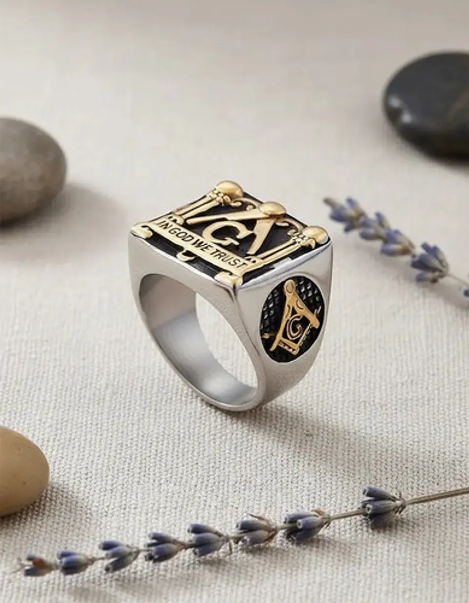 Anillo en Acero para hombre símbolo escuadra Mason Masoneria bicolor 10