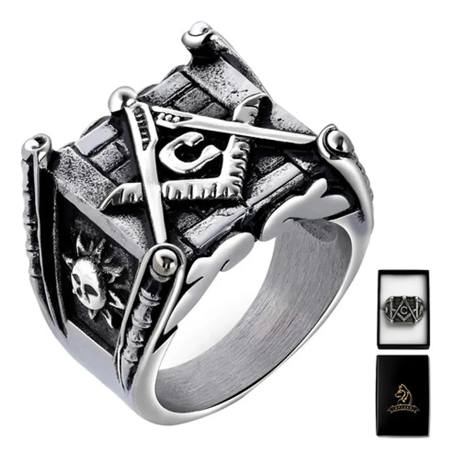 Anillo en Acero para hombre símbolo escuadra Mason Masoneria bicolor 11