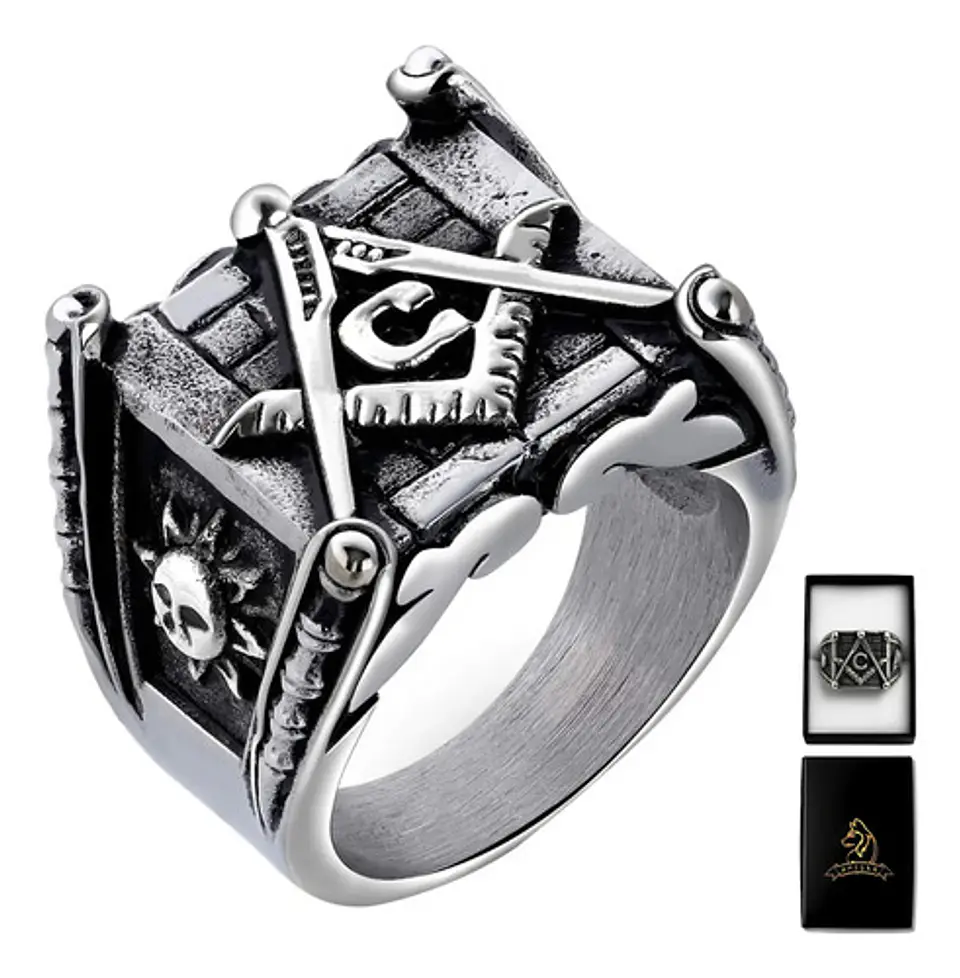Anillo en Acero para hombre símbolo escuadra Mason Masoneria bicolor 11