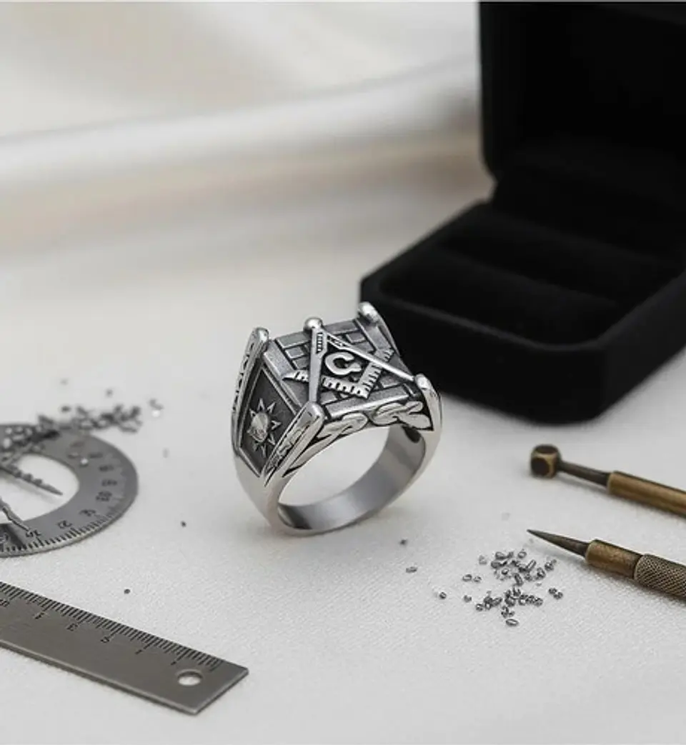 Anillo en Acero para hombre símbolo escuadra Mason Masoneria bicolor 13