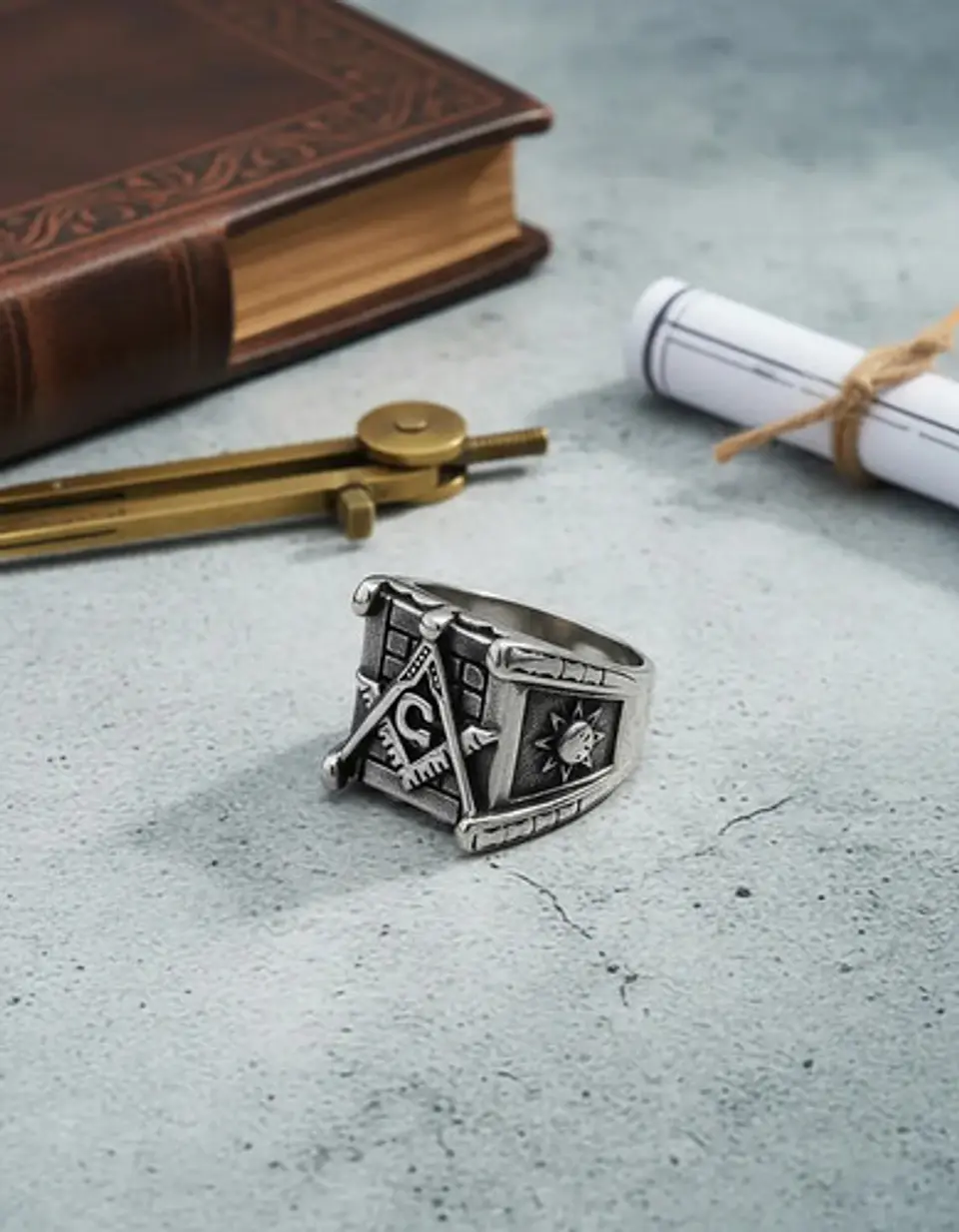 Anillo en Acero para hombre símbolo escuadra Mason Masoneria bicolor 14