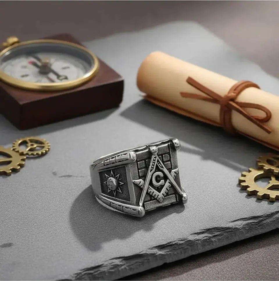 Anillo en Acero para hombre símbolo escuadra Mason Masoneria bicolor 15
