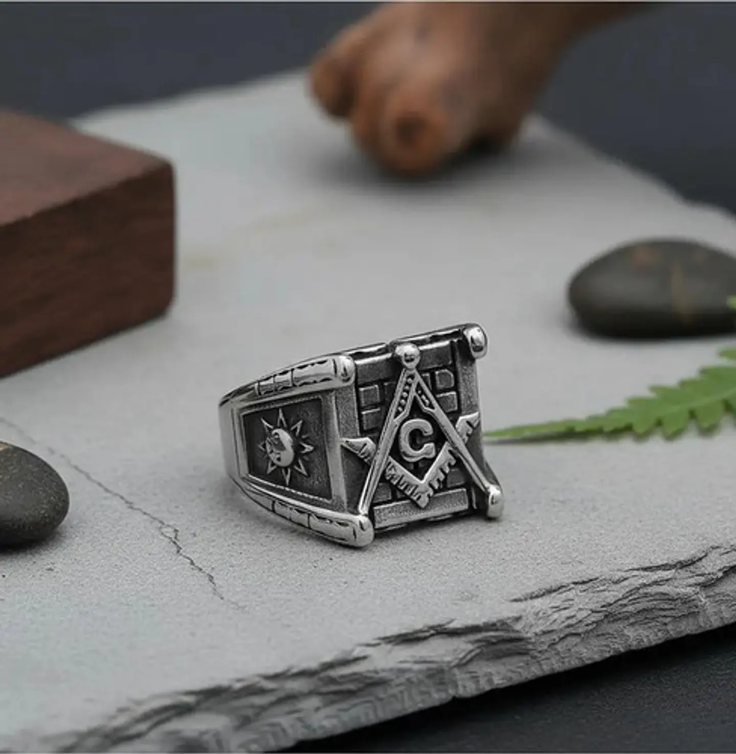 Anillo en Acero para hombre símbolo escuadra Mason Masoneria bicolor 16
