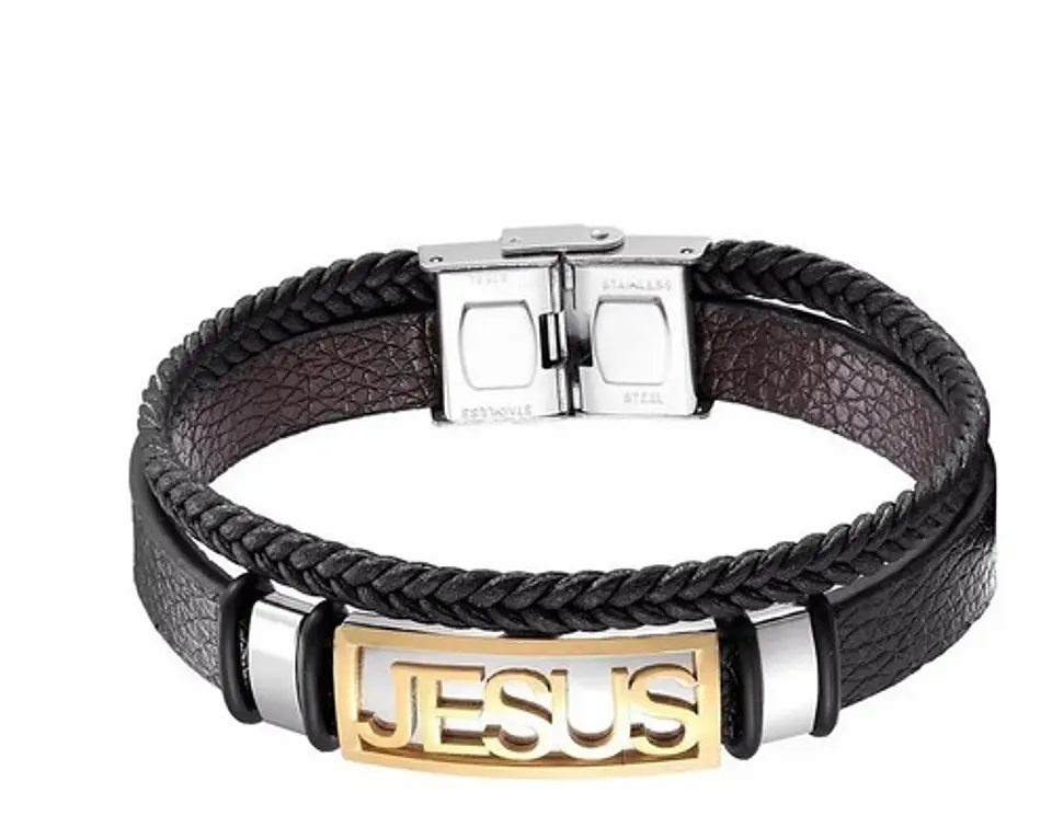 Pulsera en cuero para hombre Manilla Brazalete placa Jesus Catolica 1