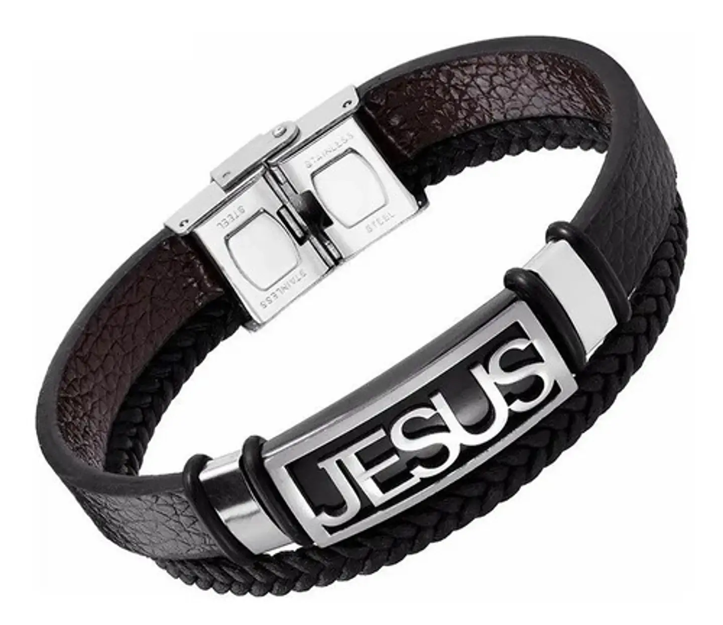 Pulsera en cuero para hombre Manilla Brazalete placa Jesus Catolica 3