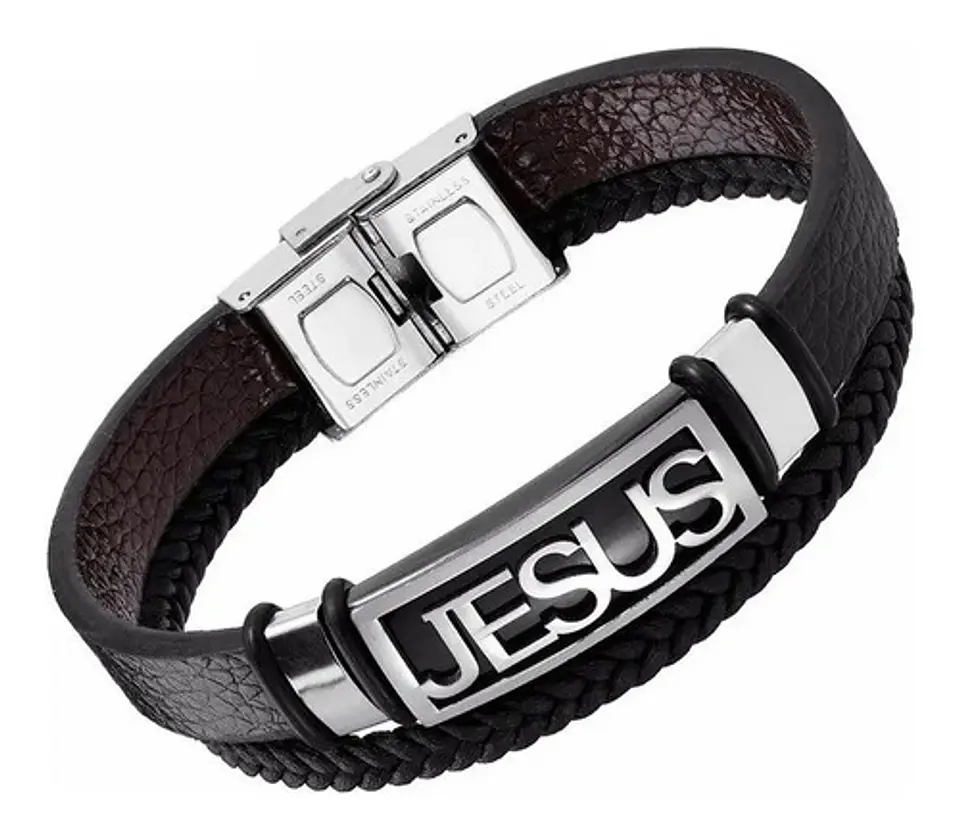 Pulsera en cuero para hombre Manilla Brazalete placa Jesus Catolica 3