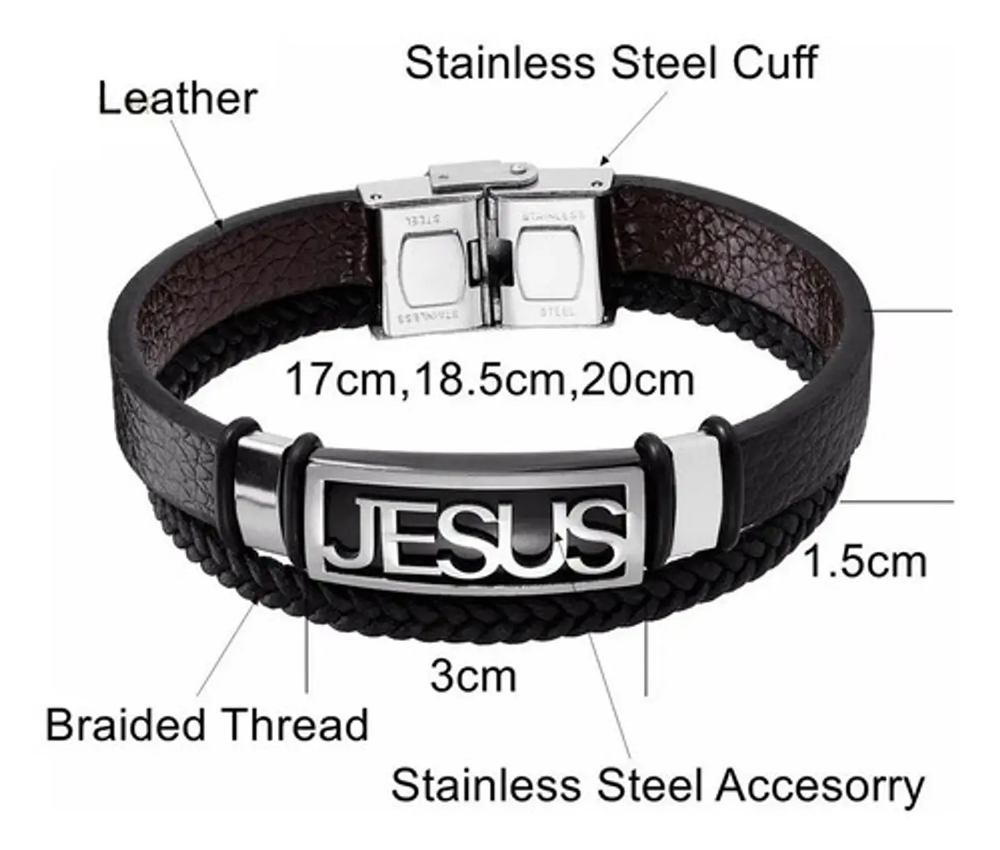 Pulsera en cuero para hombre Manilla Brazalete placa Jesus Catolica 4