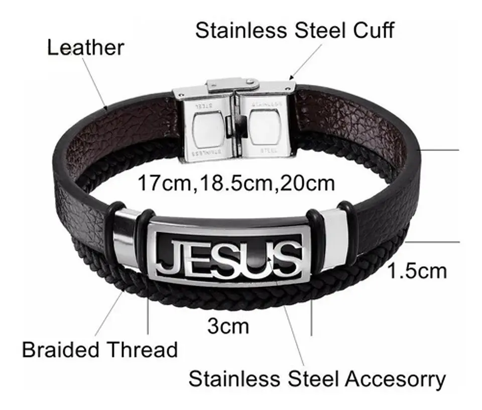 Pulsera en cuero para hombre Manilla Brazalete placa Jesus Catolica 4