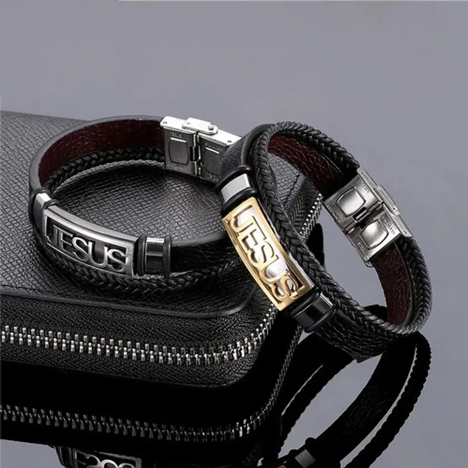Pulsera en cuero para hombre Manilla Brazalete placa Jesus Catolica 6