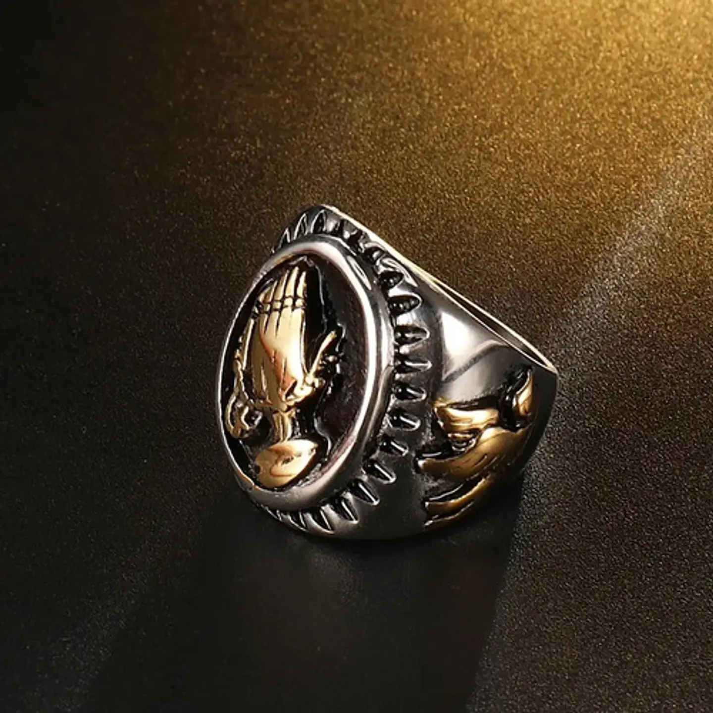 Anillo religioso Para Hombre en Acero Mano De Dios bicolor 5