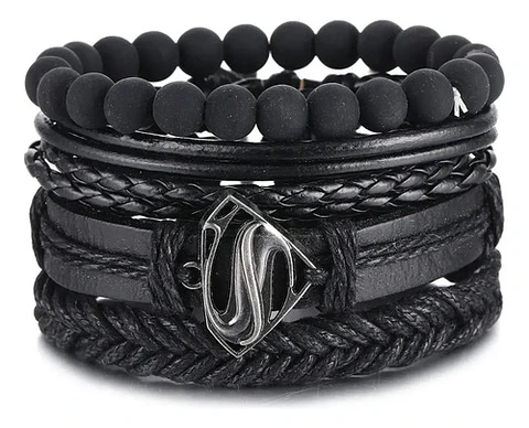 Pack X4 manillas Cuero Negro para Hombre y Mujer pulsera emblema Superman