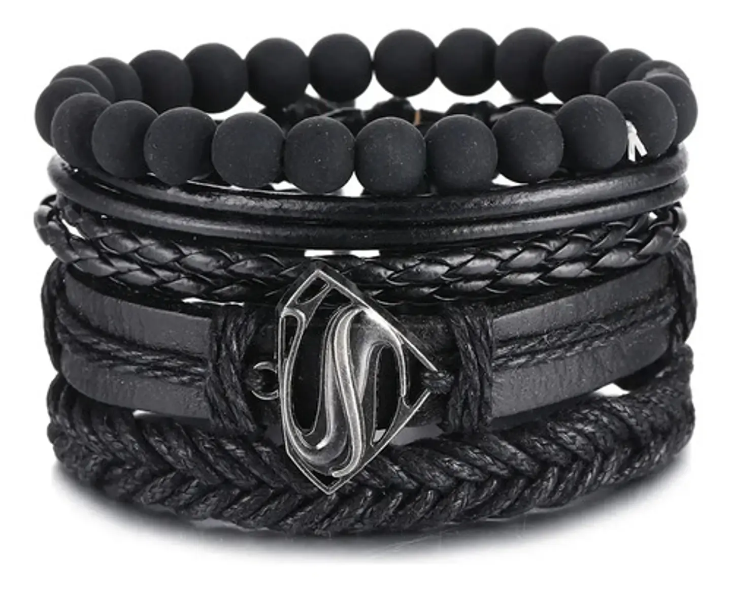 Pack X4 manillas Cuero Negro para Hombre y Mujer pulsera emblema Superman 1