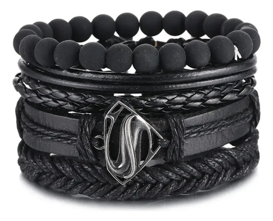 Pack X4 manillas Cuero Negro para Hombre y Mujer pulsera emblema Superman 1