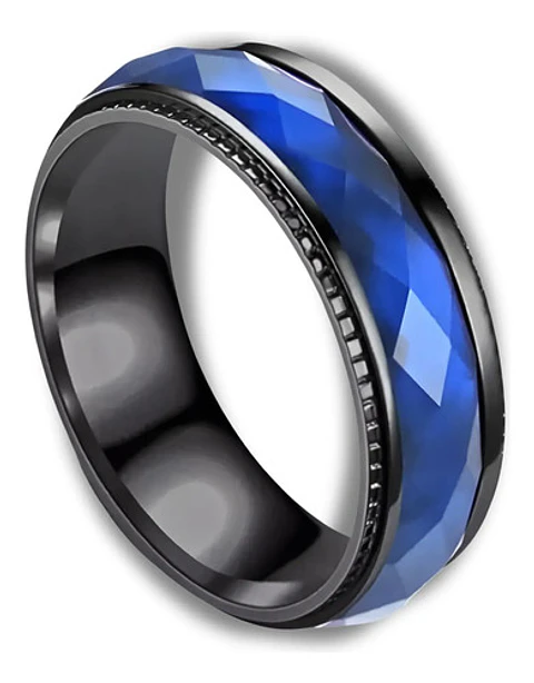 Anillo negro en Acero argolla para hombre banda Color Piedra Azul