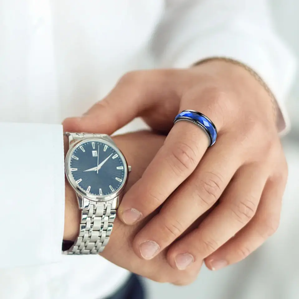 Anillo negro en Acero argolla para hombre banda Color Piedra Azul 4