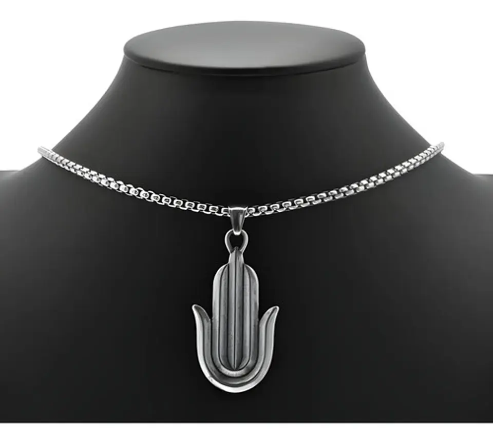 Collar Acero Inoxidable Color Plata Mano Jamsa Hamsa Hombre Plateado 6