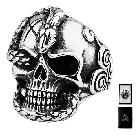 Anillo en Acero para Hombre Cráneo Serpiente Calavera