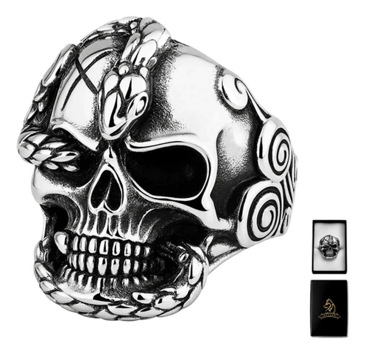 Anillo en Acero para Hombre Cráneo Serpiente Calavera 1