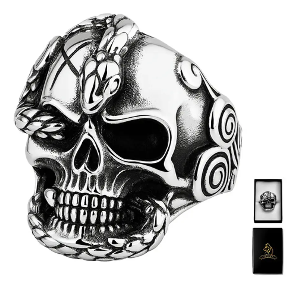 Anillo en Acero para Hombre Cráneo Serpiente Calavera 1