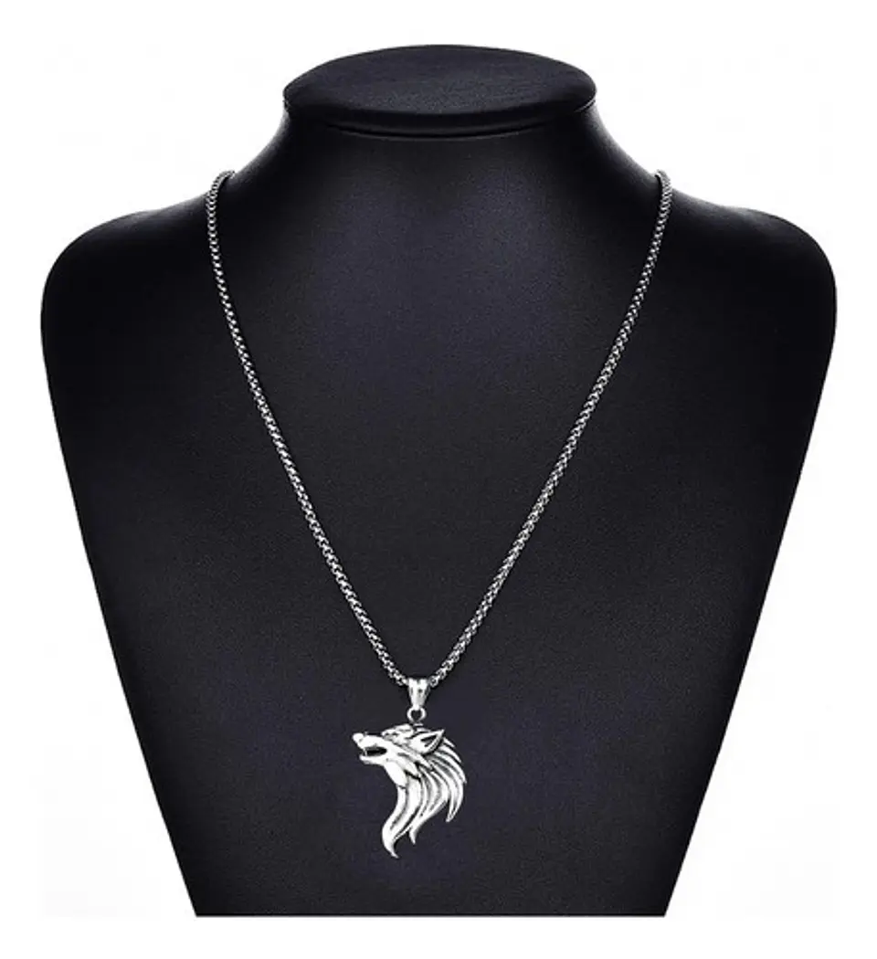 Collar vikingo en Acero para hombre dije cabeza Lobo nórdico 4