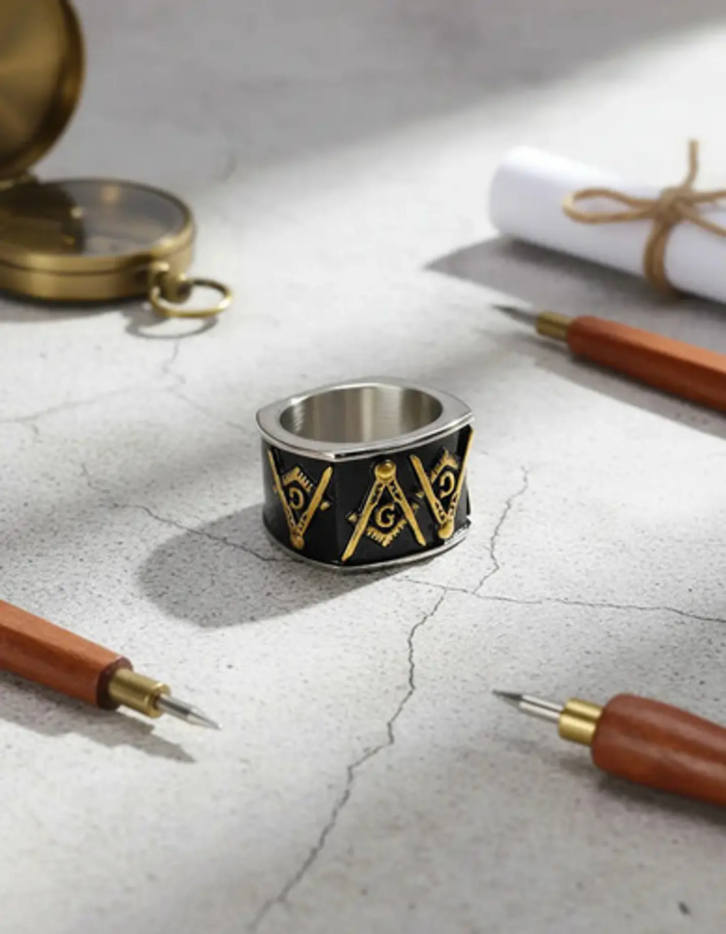 Anillo Acero Inoxidable Color Oro Mason Masoneria Hombre 6