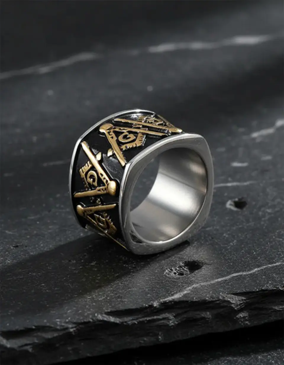 Anillo Acero Inoxidable Color Oro Mason Masoneria Hombre 9
