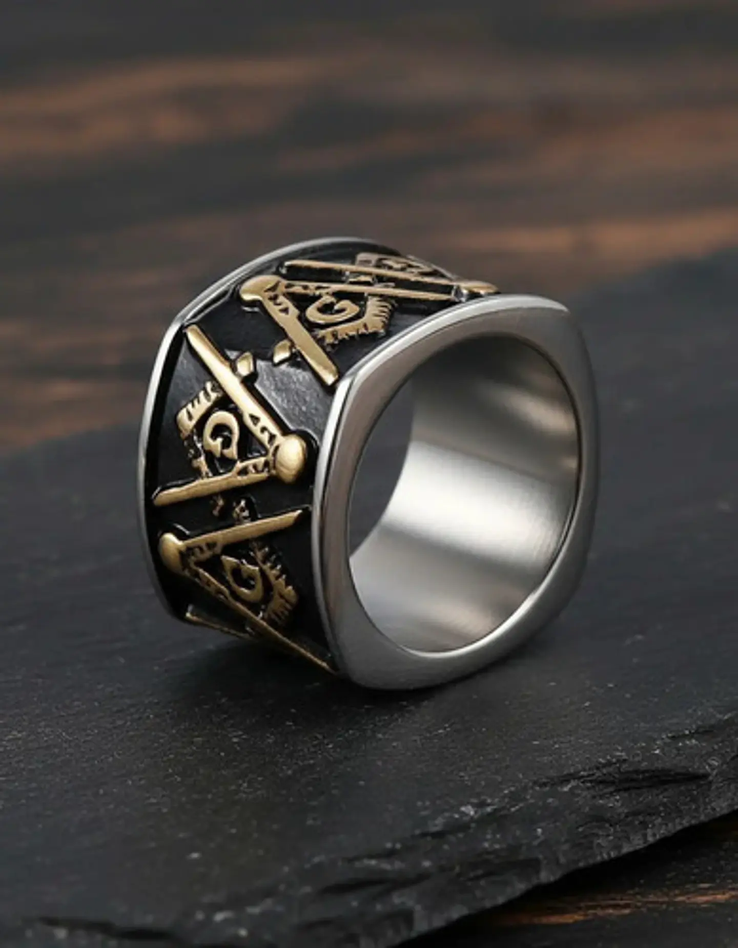 Anillo Acero Inoxidable Color Oro Mason Masoneria Hombre 10