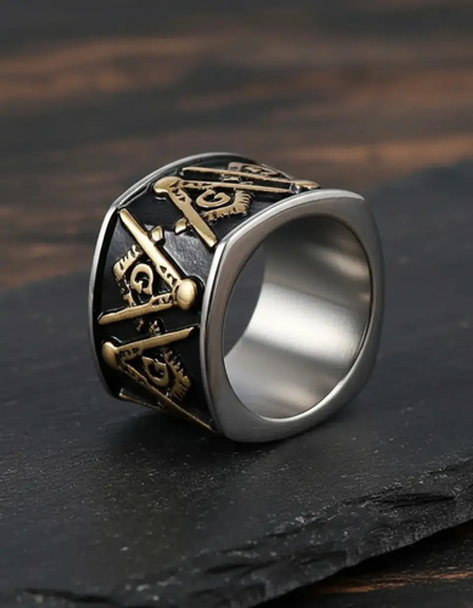 Anillo Acero Inoxidable Color Oro Mason Masoneria Hombre 10