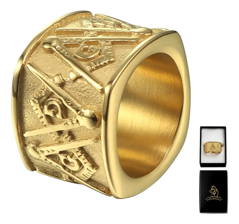 Anillo Acero Inoxidable Color Oro Mason Masoneria Hombre 11