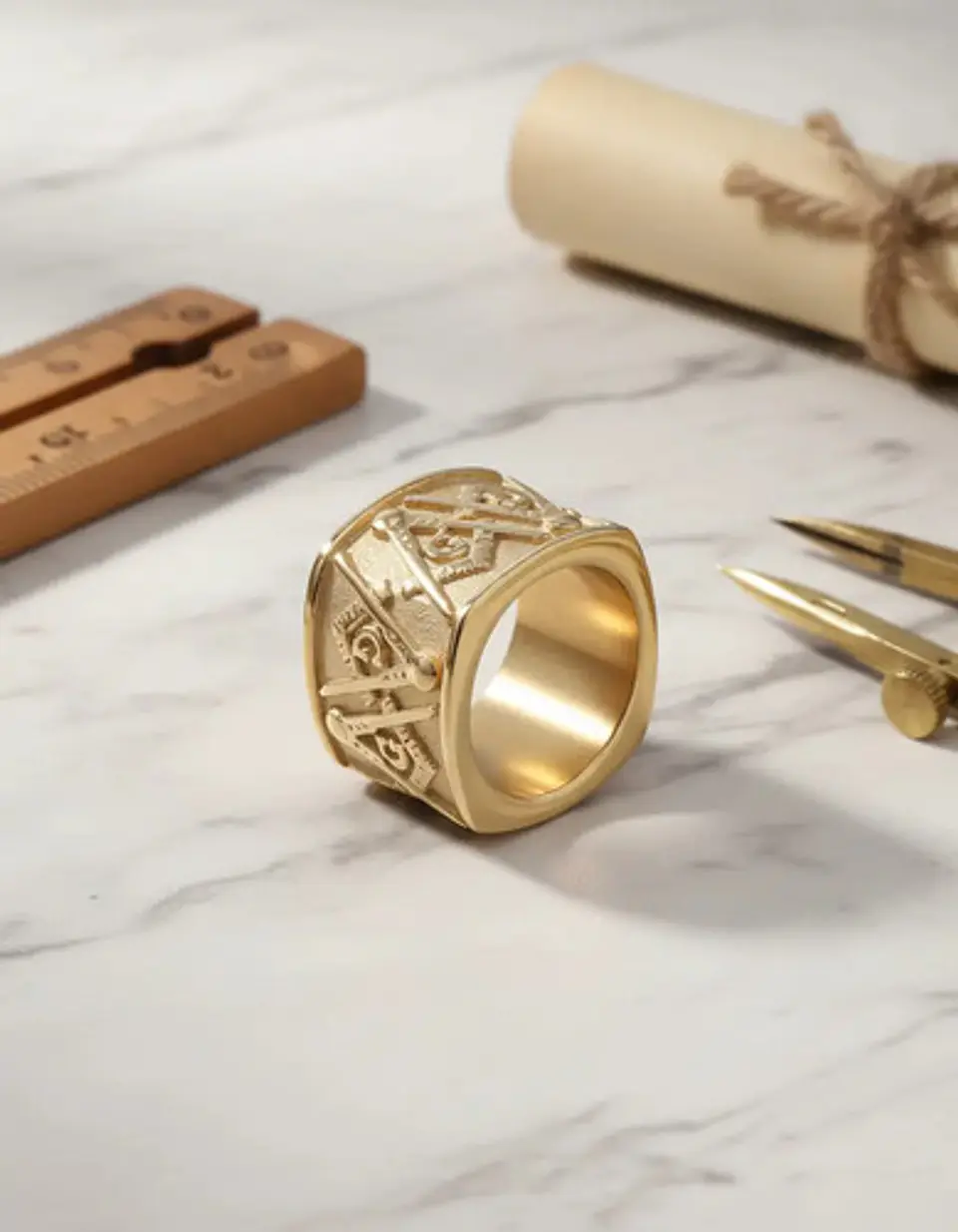 Anillo Acero Inoxidable Color Oro Mason Masoneria Hombre 12