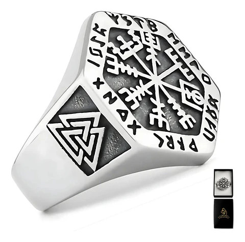 Anillo Vikingo en Acero para hombre y mujer Brújula vegvisir valknut 