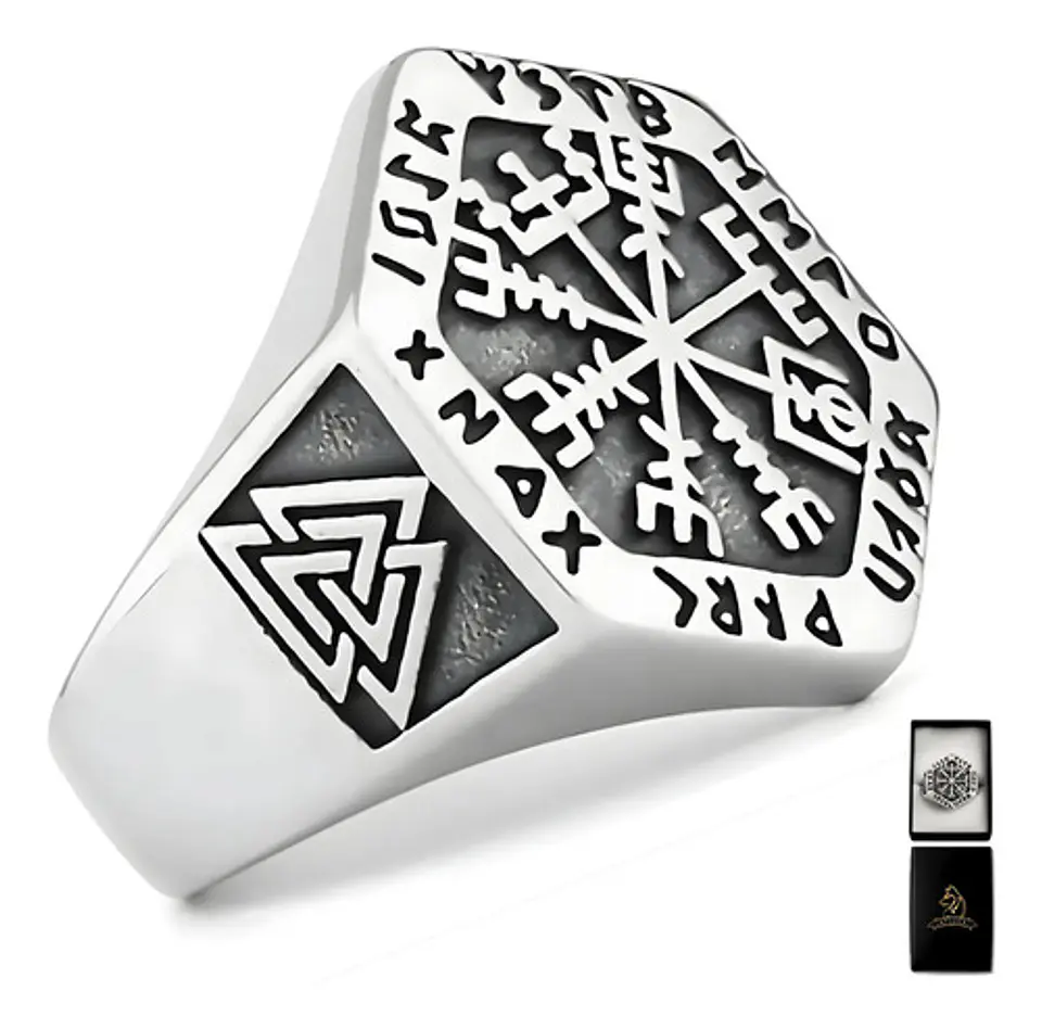 Anillo Vikingo en Acero para hombre y mujer Brújula vegvisir valknut  1