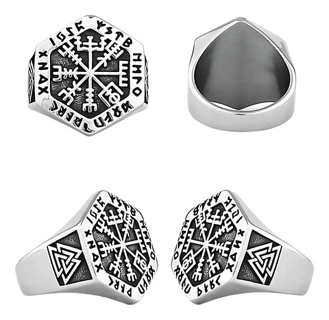 Anillo Vikingo en Acero para hombre y mujer Brújula vegvisir valknut 