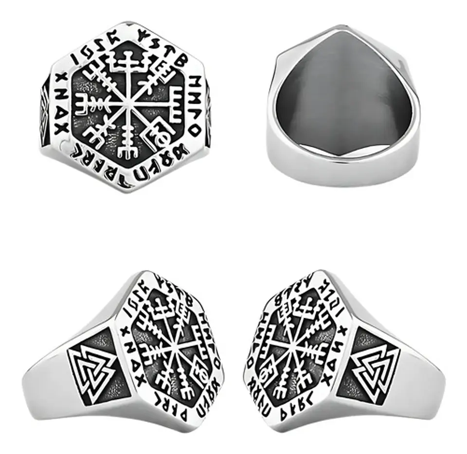 Anillo Vikingo en Acero para hombre y mujer Brújula vegvisir valknut  2