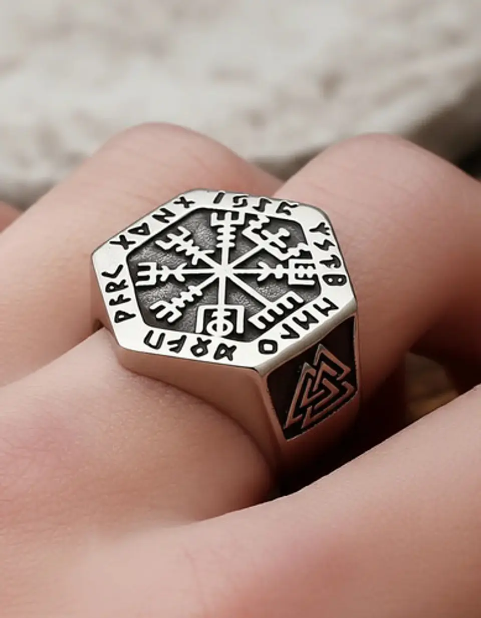 Anillo Vikingo en Acero para hombre y mujer Brújula vegvisir valknut  3