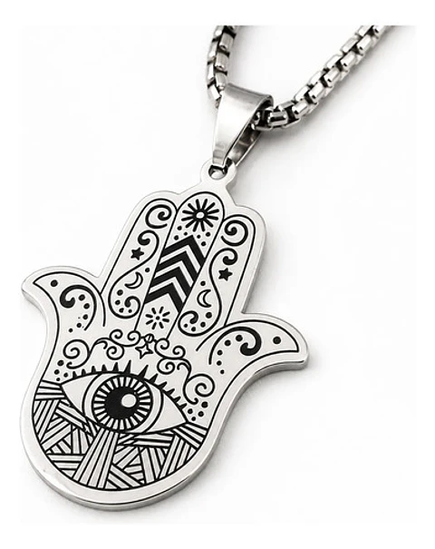 Collar En Acero Para Hombre Dije Color Plata Mano De Hamsa
