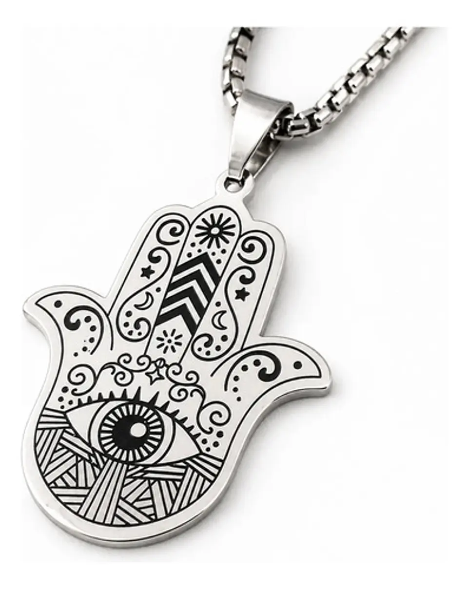 Collar En Acero Para Hombre Dije Color Plata Mano De Hamsa 1