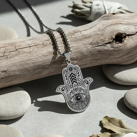 Collar En Acero Para Hombre Dije Color Plata Mano De Hamsa