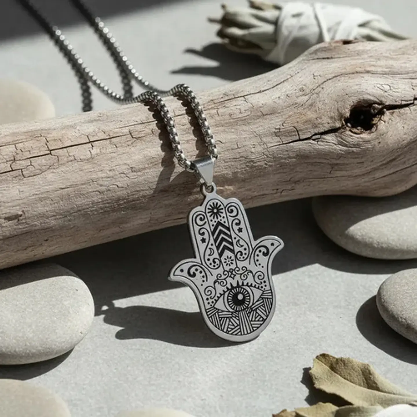 Collar En Acero Para Hombre Dije Color Plata Mano De Hamsa 2