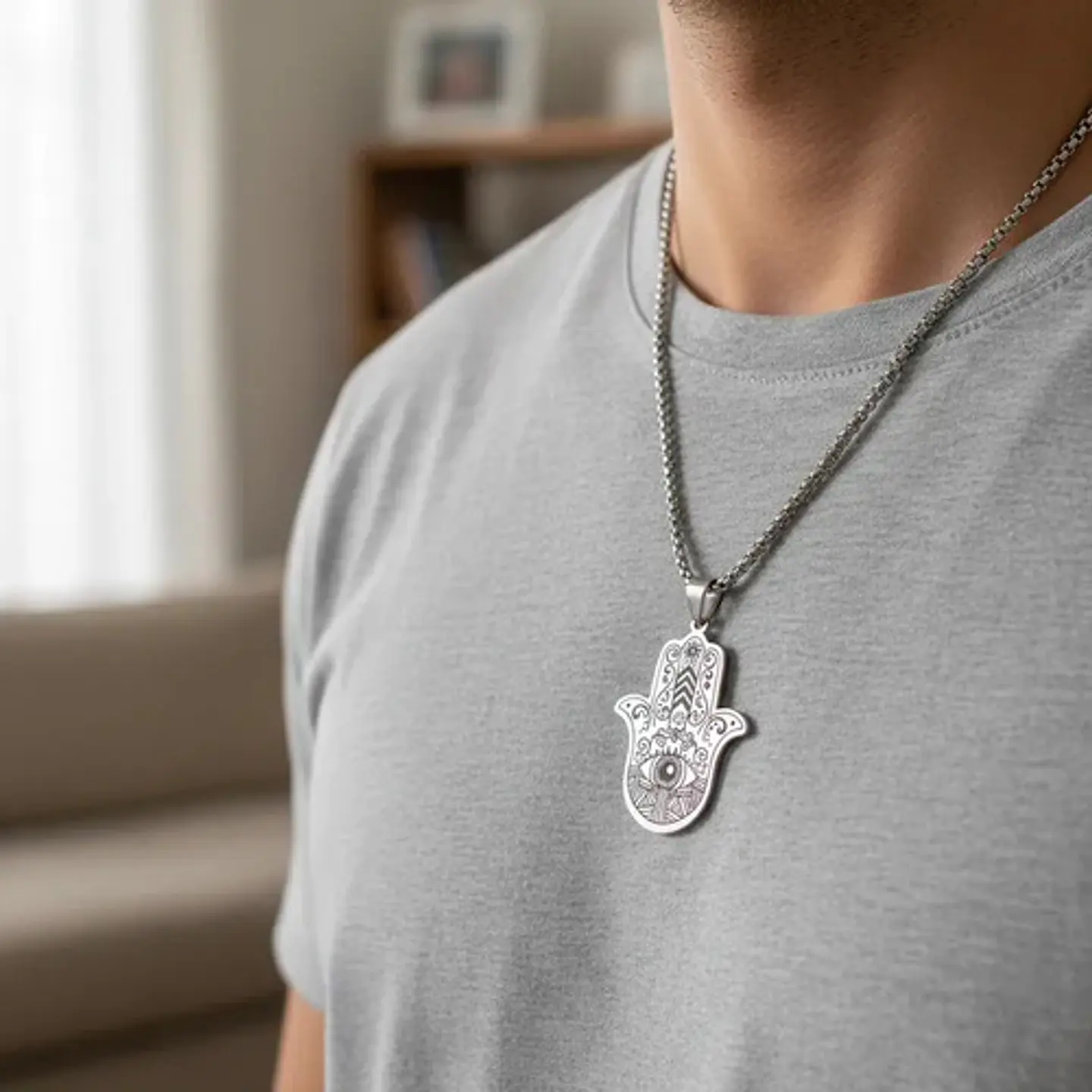 Collar En Acero Para Hombre Dije Color Plata Mano De Hamsa 3
