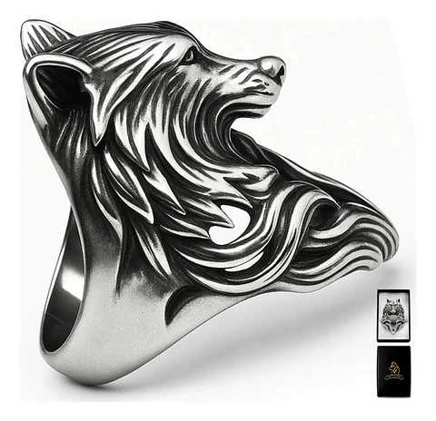 Anillo plateado Vikingo en Acero Para Hombre forma de Lobo