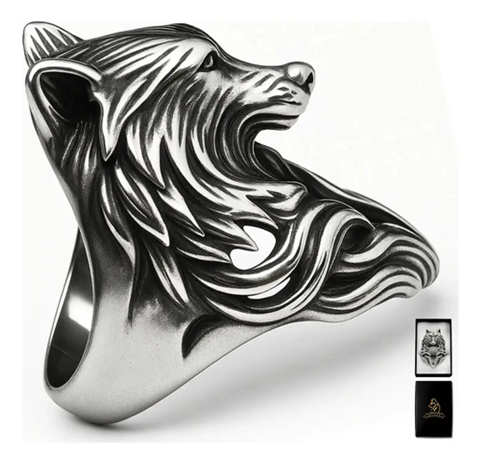 Anillo plateado Vikingo en Acero Para Hombre forma de Lobo 1