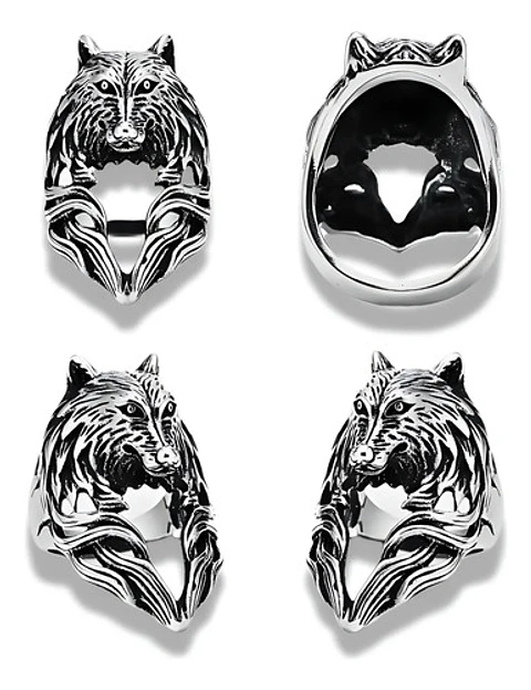 Anillo plateado Vikingo en Acero Para Hombre forma de Lobo
